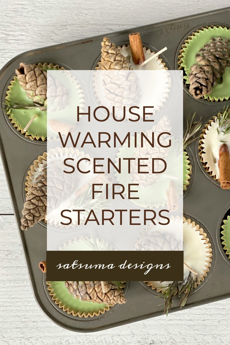 House warming scented fire starters to welcome new neighbors home. These easy to make soy wax fire starters are fragrant and a perfect way to enjoy autumn and winter! #housewarming #firestarters #soycandle #soywax #candles #candle #scentedcandle #scentedcandles #etiquette #community #neighbors