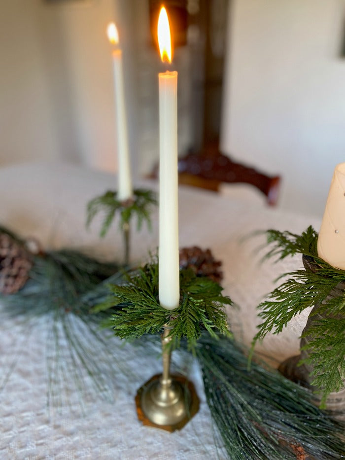 How to easily make evergreen candle rings for holiday decor. Watch my quick video and learn to make these great smelling evergreen candle rings to enjoy all holiday season. #holiday #holidaydecor #candles #candlerings #upcycle #naturecrafts #naturalelements #crafting