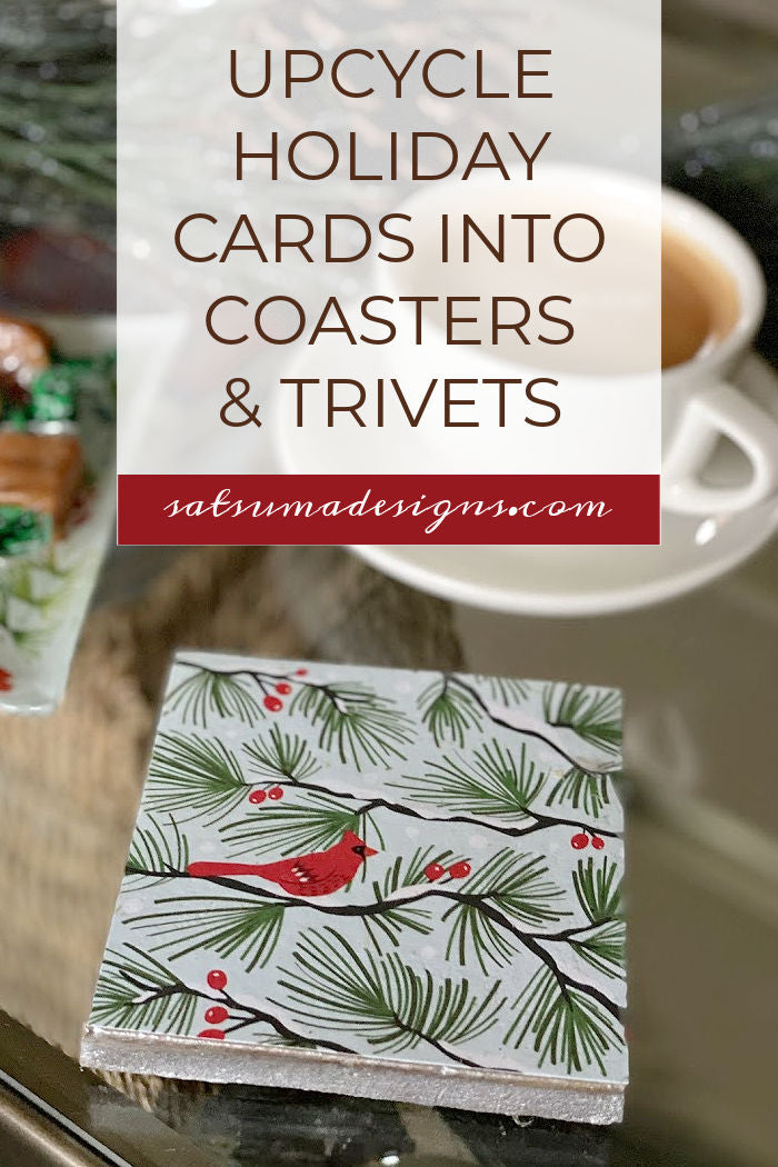 Discover how to upcycle holiday cards into coasters and trivets for gift giving, entertaining and holiday cooking. Enjoy this easy craft to try with the kids too! #holiday #upcycle #holidaycards #recycle #familytime