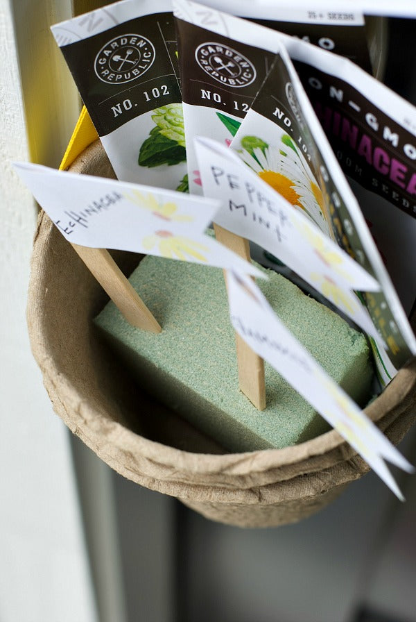 May Day Herbal Tea Gift Surprise. Share this easy May Day gift basket that includes herbal tea seeds in small peat pots. Includes my free printable May Day gift tag and plant tags. #mayday #maydaygift #giftideas #mothersdaygifts #gifts