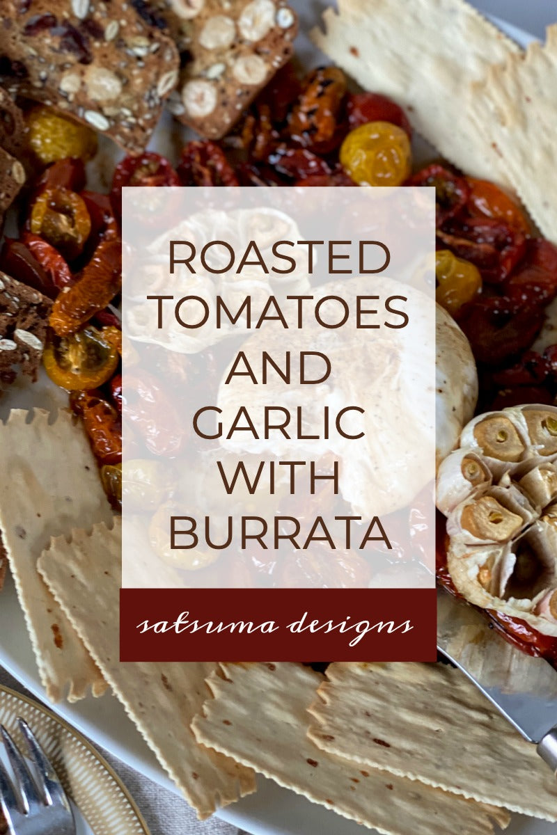 Easy roasted tomatoes and garlic with burrata cheese recipe. Serve this at parties in every season or treat yourself and family to a savory and sweet treat for snack or evening meal. #bonappetit #burrata #mezzeplatter #appetizers #appsrecipes #easyappetizers #roastedtomatoes #tomatoes #garlic #cheese