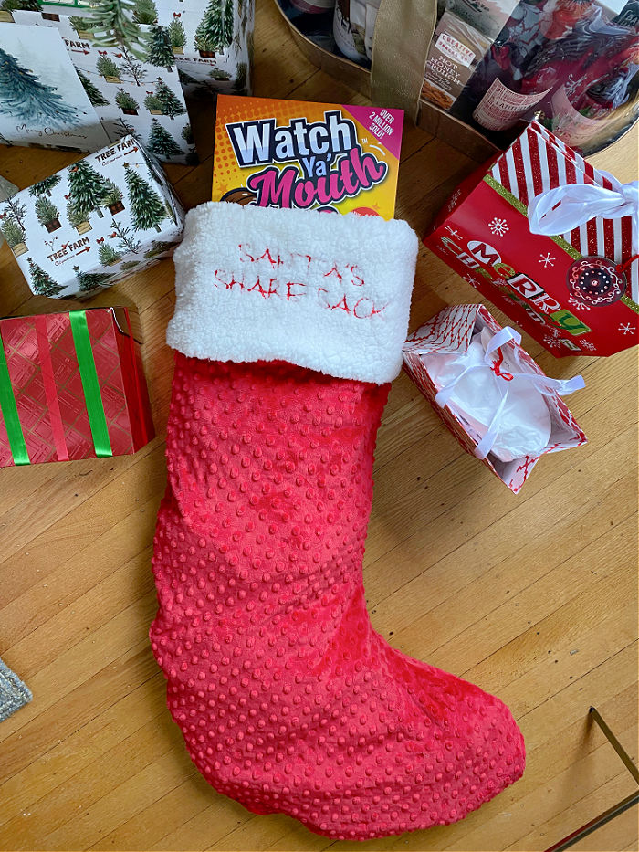 Photo of red and white large scale Christmas stocking