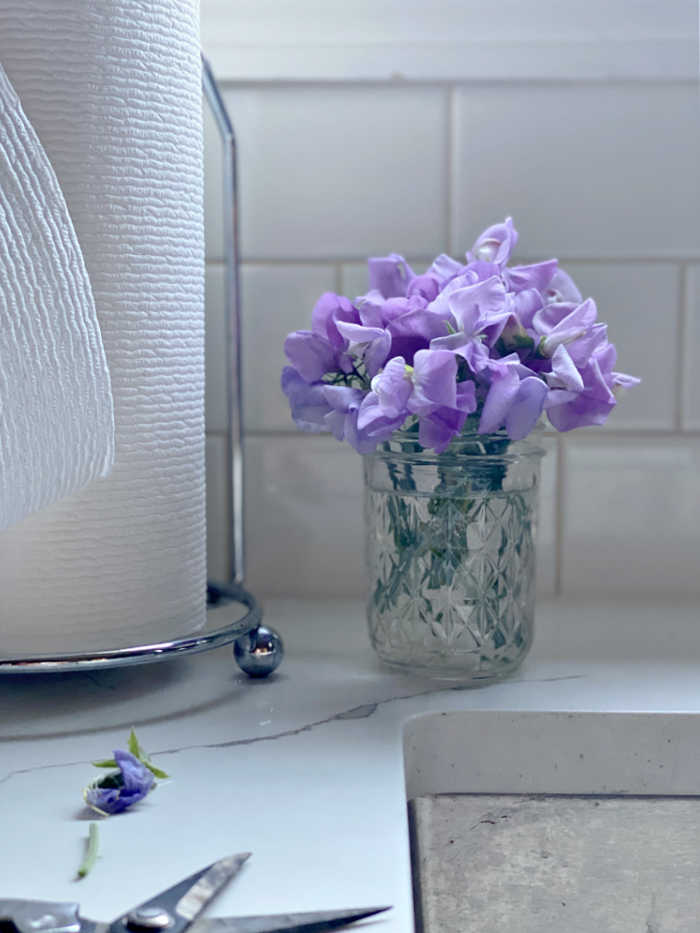Photo of sweet pea flower bouquet on kitchen counter top