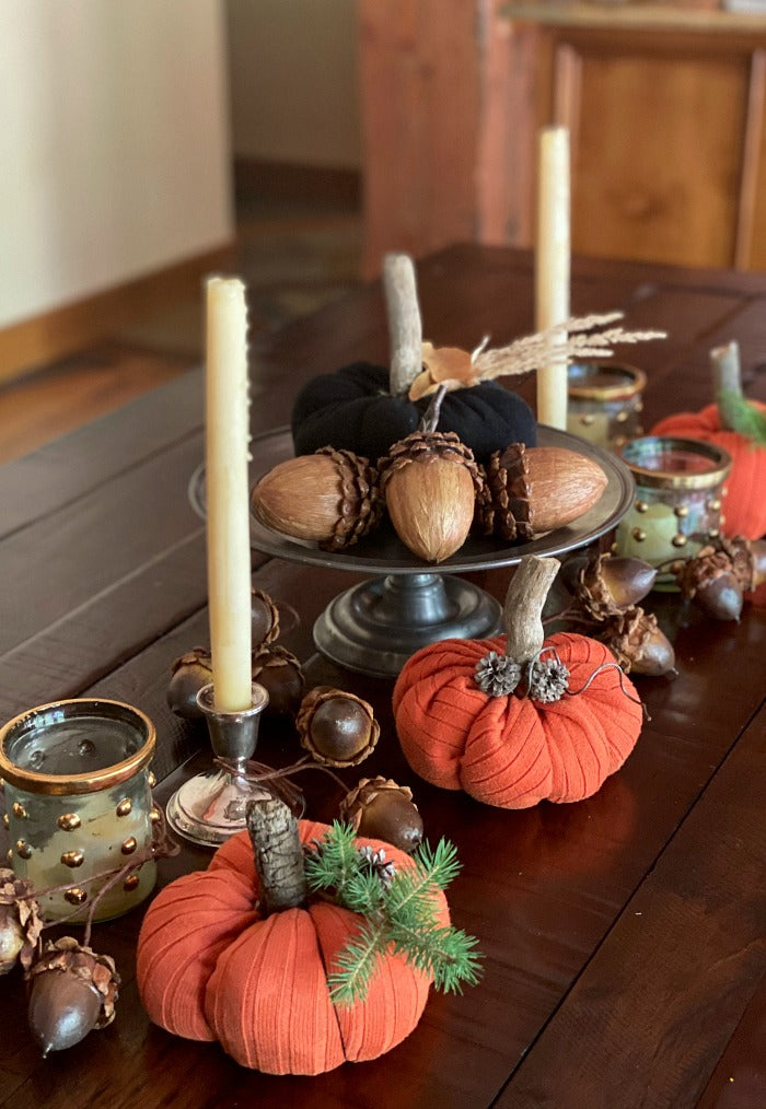 Try this easy DIY upcycled fabric pumpkins with found objects to decorate this #autumn. My easy to follow tutorial walks you through each step with a video and written instructions. #happyfallyall #happyfall #falldecor #decorating #crafts #crafting #upcycle #upcycledcraft #homeschool #artclass #kidscraft #pumpkins #gourds