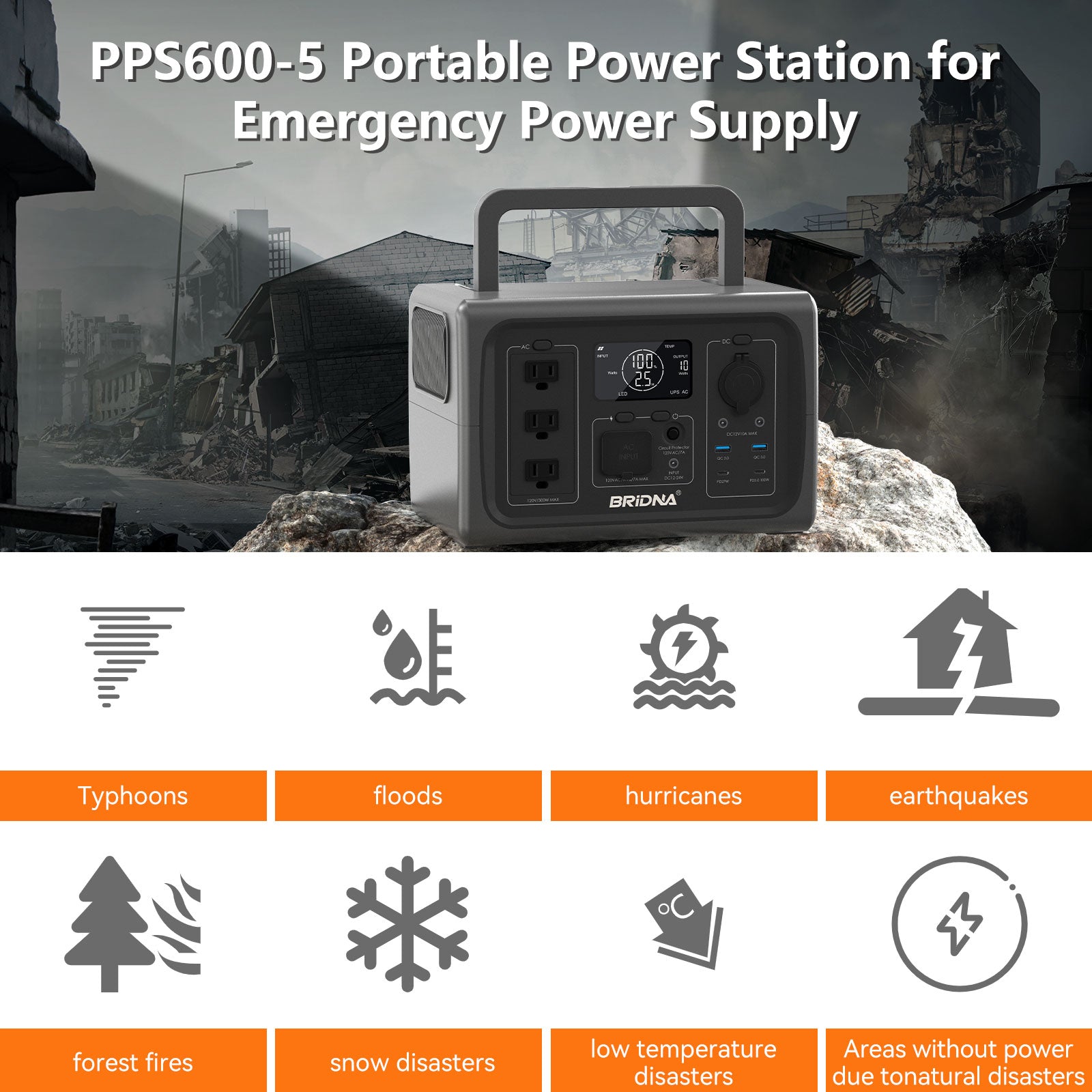 BRIDNA PPS600-5 500W Portable Power Station for Emergency