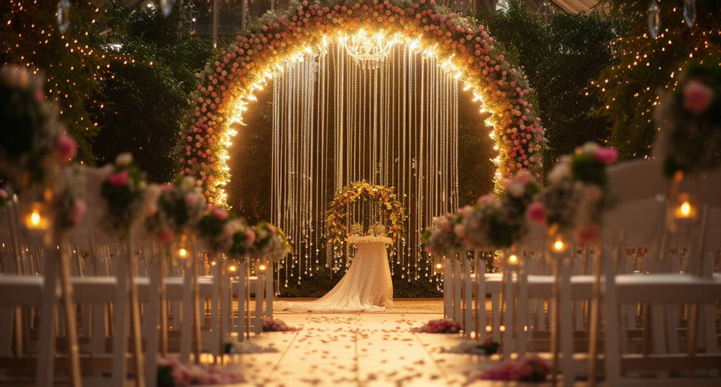Ideen für einen Hochzeitsbogen: Beleuchteter Wasserfallbogen