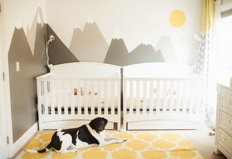 two cribs for twins in yellow themed nursery with family dog