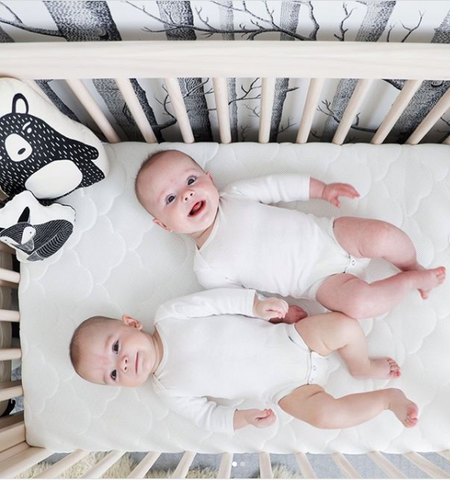 two babies laying next to each other in a crib for twins