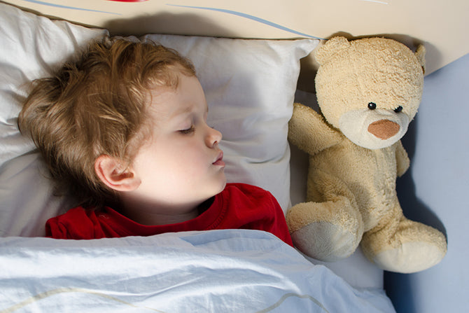 Boy sleeping with teddy bear and toddler pillow