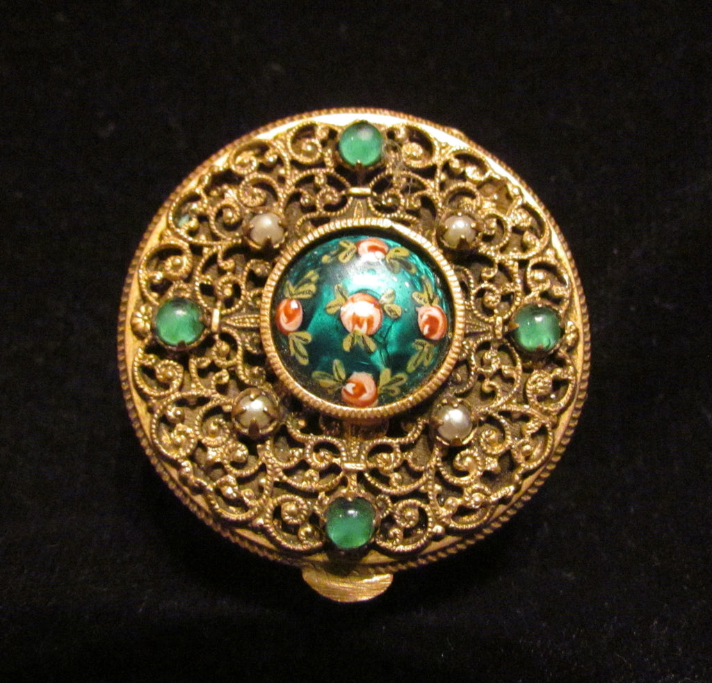 Gold Filigree Compact Set French Guilloche Enamel White Pearls Green S ...