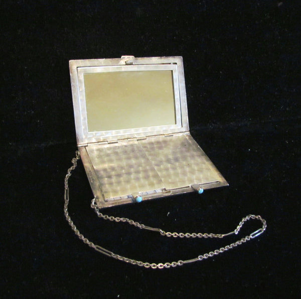 1910s Nickel Silver Compact Purse Turquoise Clasps Dance Purse Excellent Condition