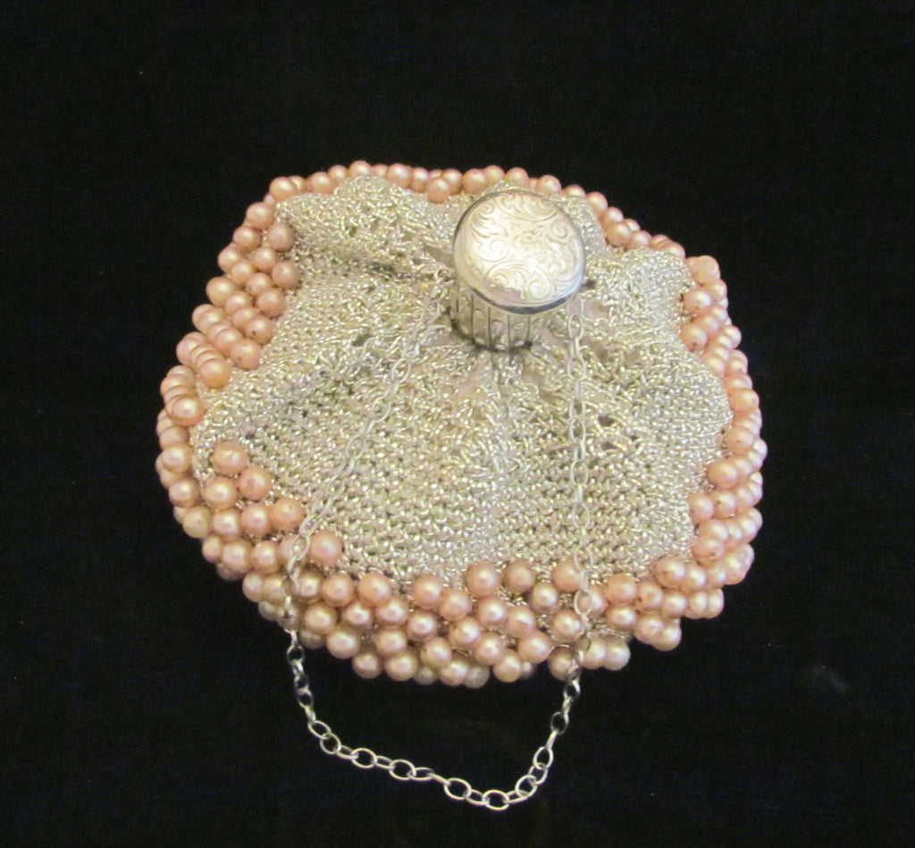 1930s Gate Top Purse Silver Crochet And Faux Pearl Accordion Bag Uniqu