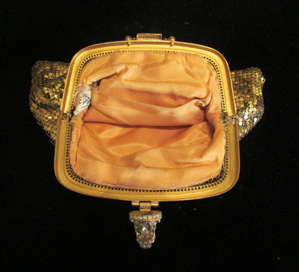 Whiting & Davis Mesh Purse Gold Rhinestone Vintage Wristlet Purse Wedd ...