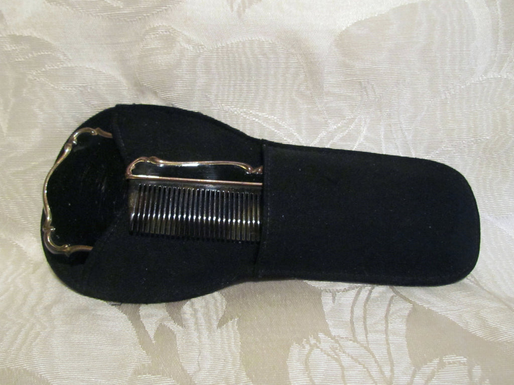 1930s Mirror Compact Comb Set Black Enamel Moire Holder Hand Held Comp ...
