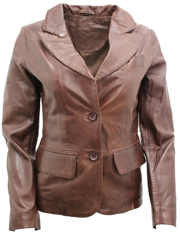 Women 2 Button Leather Blazer Jacket UK