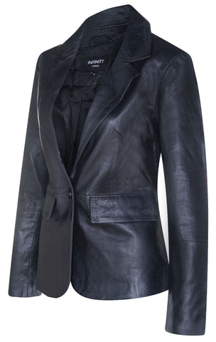 Women One Button Leather Blazer Jacket UK