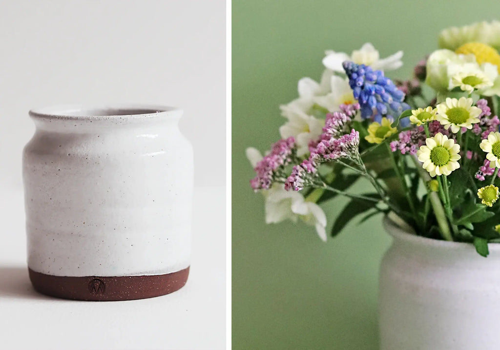 Side by side shot of Matthew Jones Ceramic Vase and FlowerBe Bouquet arrangement