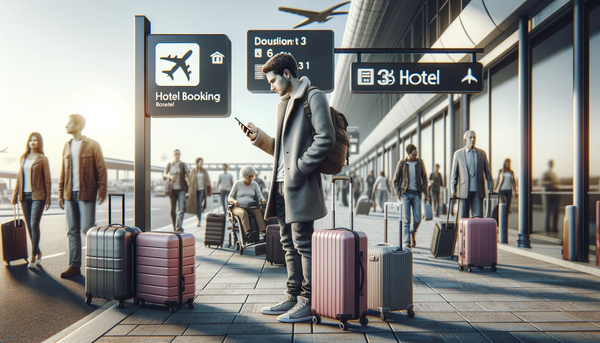 a man stood outside an airport with his luggage, using his mobile phone whilst others walk around him. Signs in the background depict directions to hotels, suggesting the man is looking for a hotel.