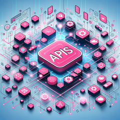 the Text "APIs" with illustrations of integrated data ad services