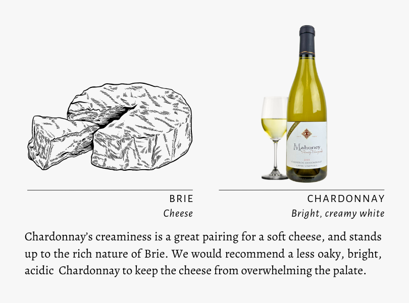 Brie Cheese Chardonnay Bright, creamy white Chardonnay’s creaminess is a great pairing for a soft cheese, and stands up to the rich nature of Brie. We would recommend a less oaky, bright, acidic  Chardonnay to keep the cheese from overwhelming the palate.