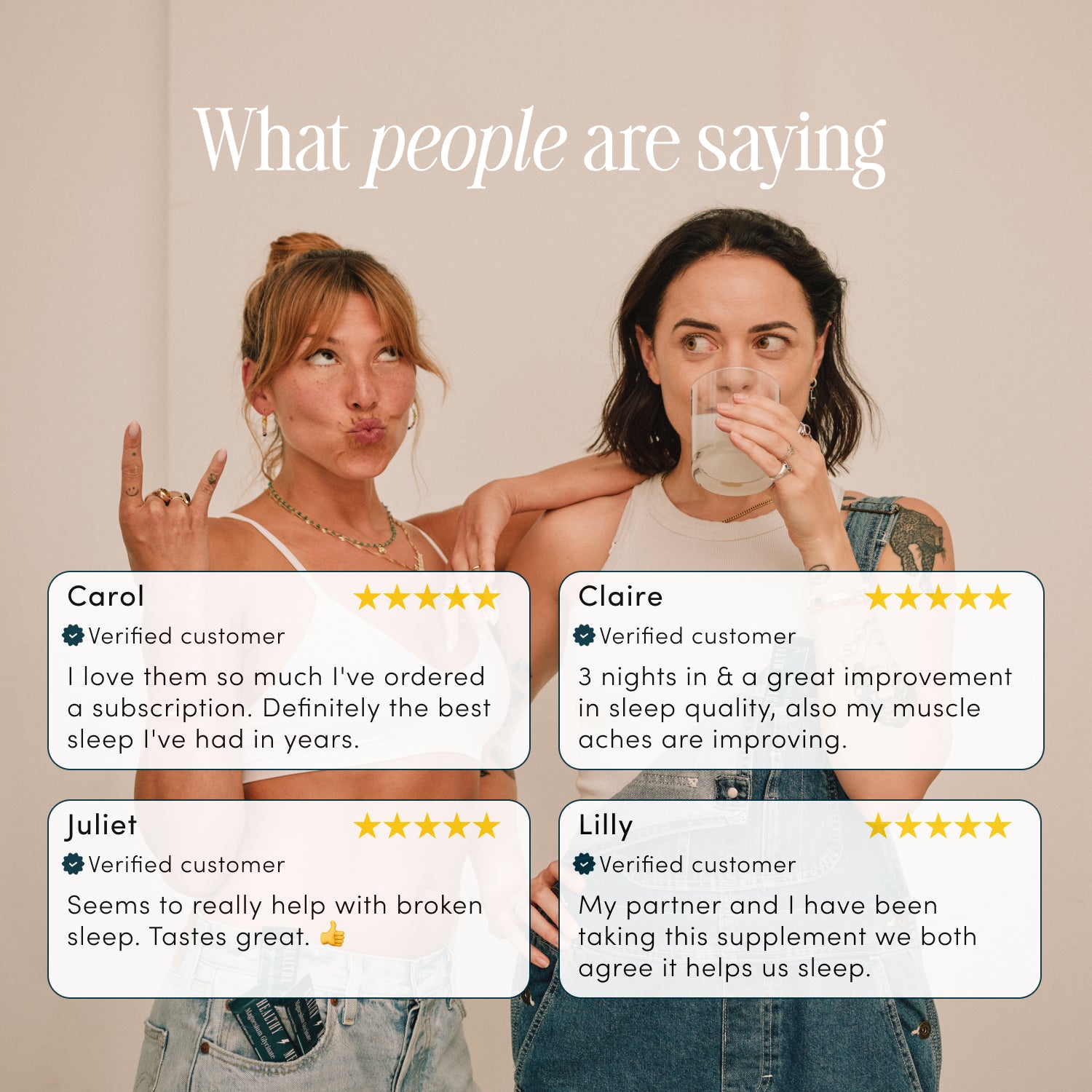 Two women smiling with four customer reviews about a sleep-related product displayed.