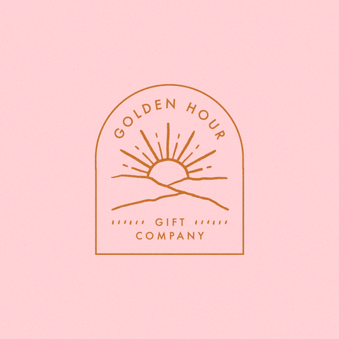 pink square with golden hour arched logo with sun and mountains