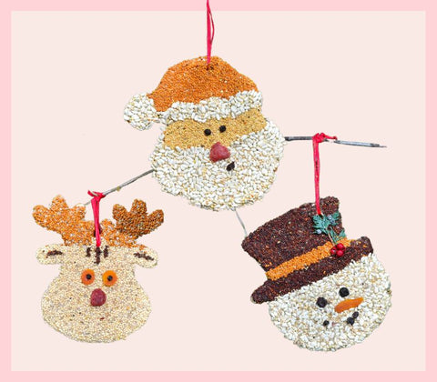 A photo of Mr. Bird birdseed treats featuring the santa, rudolph and snowman treat.