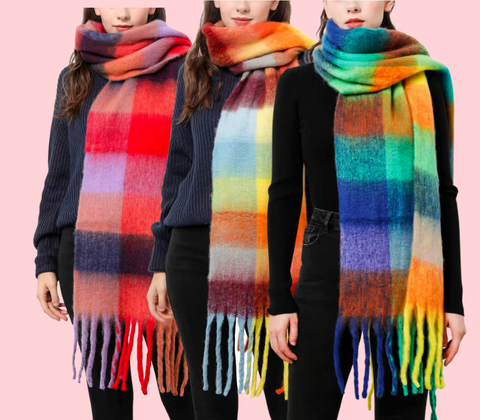 A photo showing plaid cozy scarves.