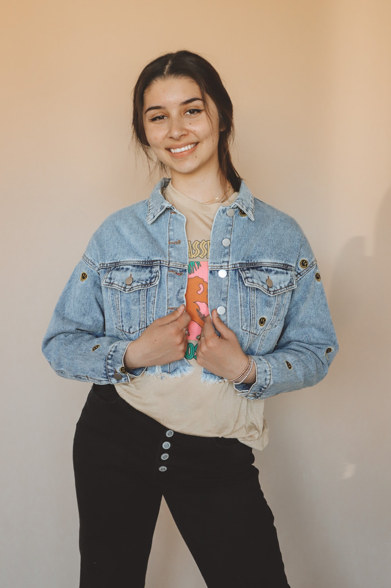 BE HAPPY CROPPED DENIM JACKET