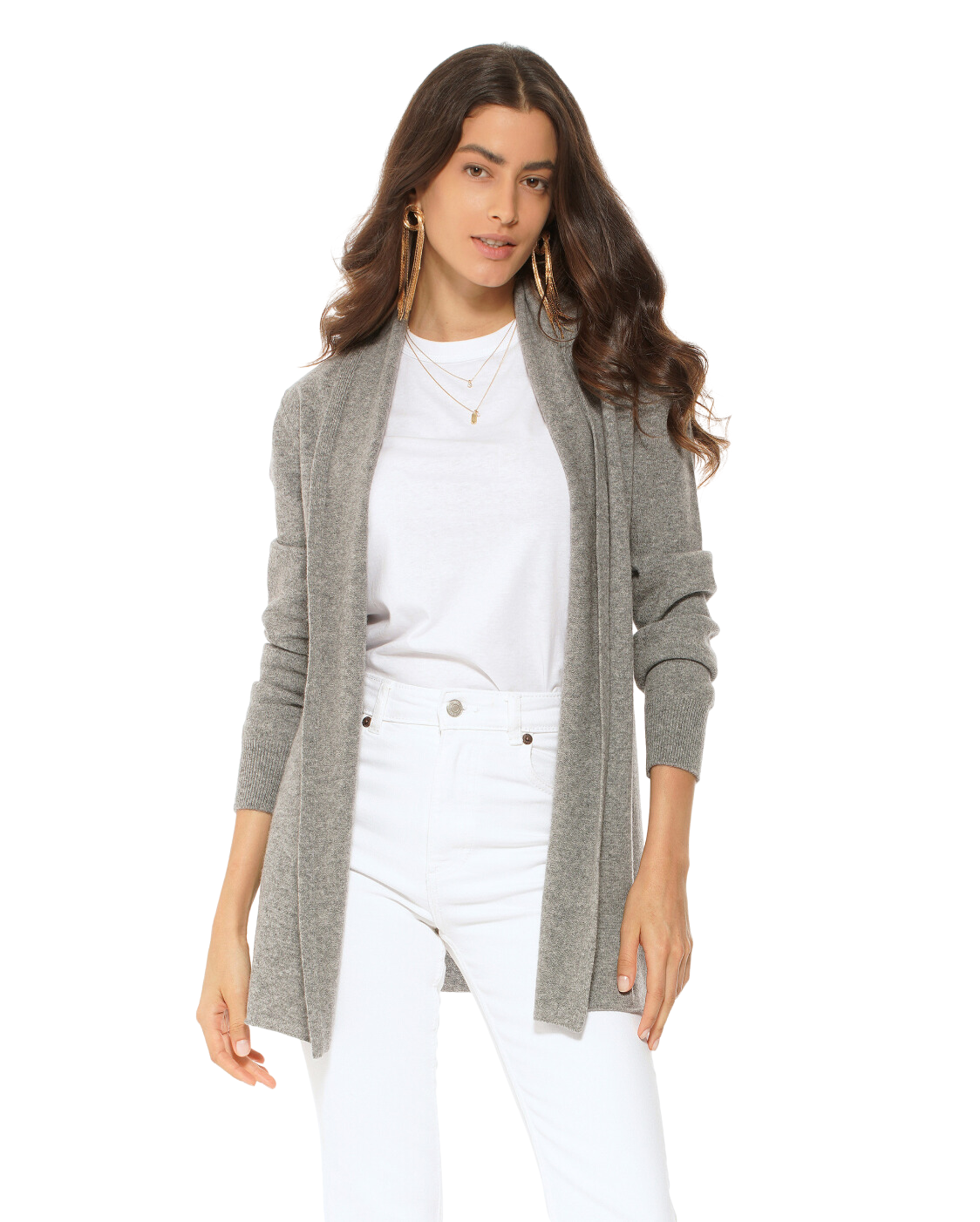 Soft medium grey pure cashmere open-front Monticelli cardigan hanging on a wooden chair by a sunny Italian window
