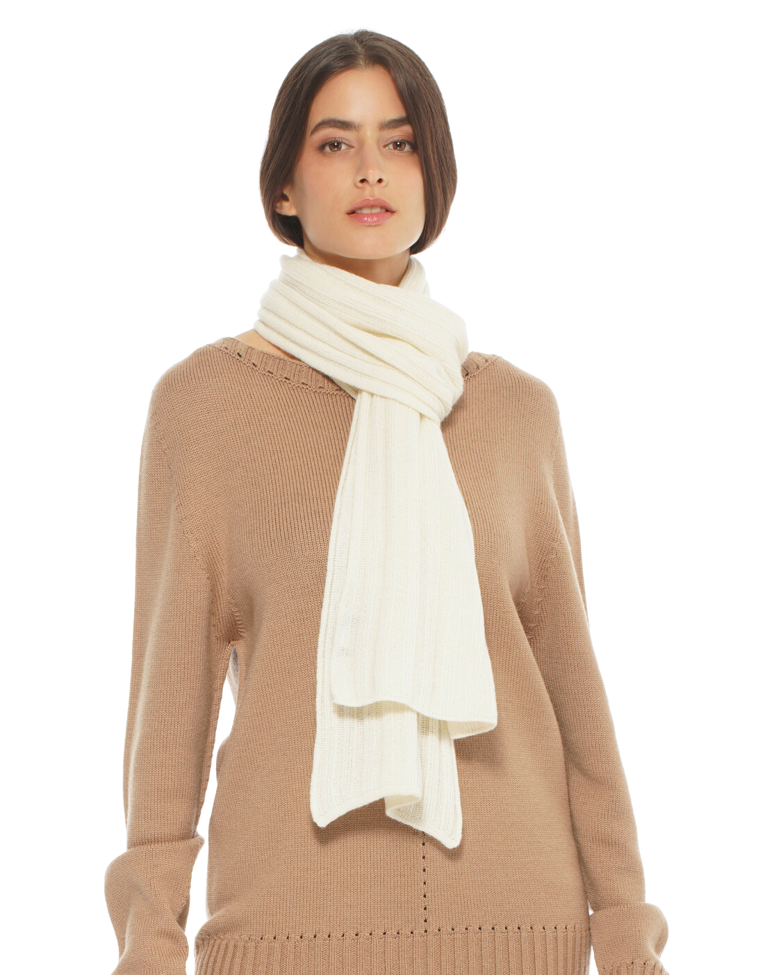 Monticelli Pure Cashmere Ribbed Scarf in milk white folded neatly to reveal its thick ribbing and soft finish