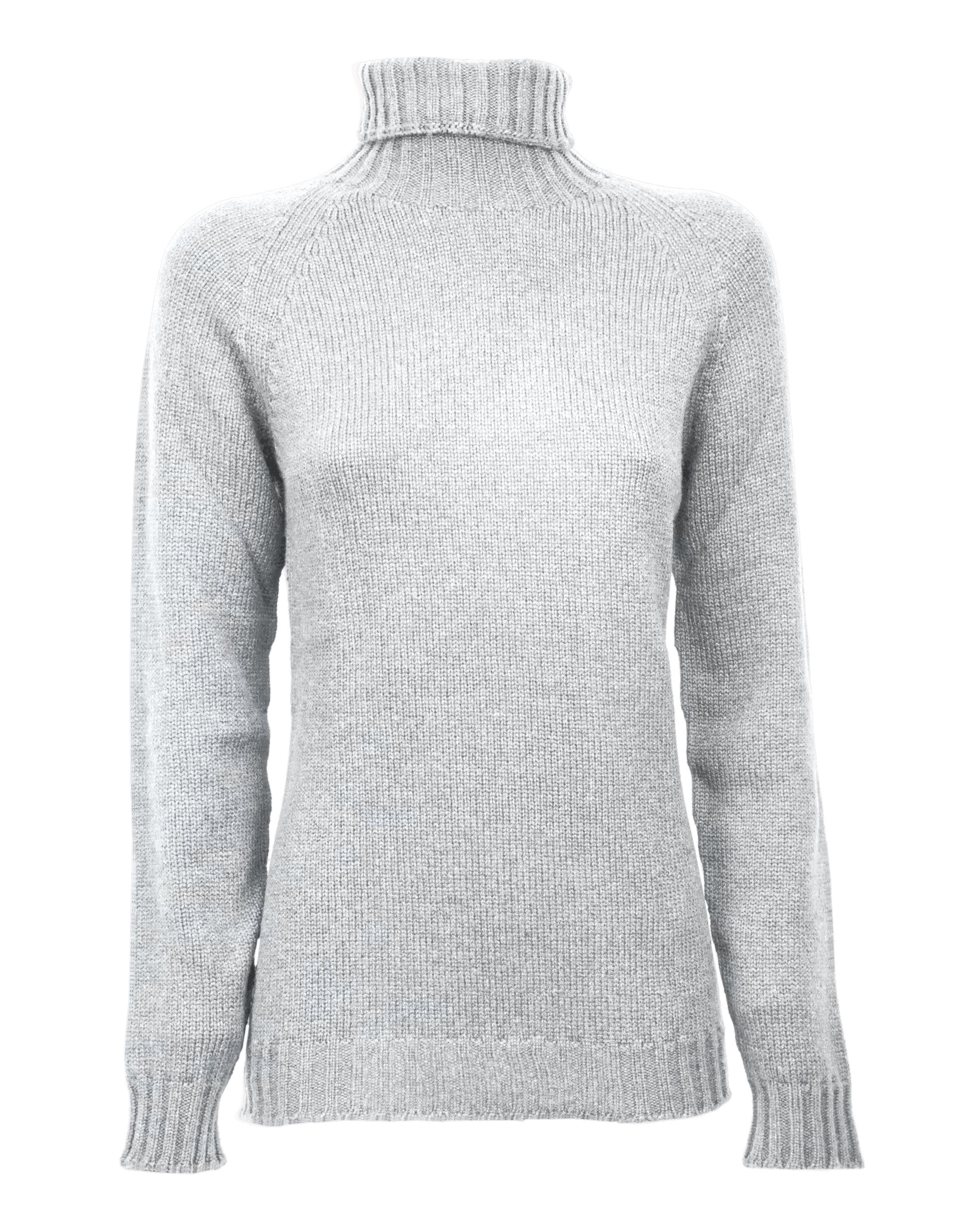 Light gray women’s cashmere turtleneck sweater with raglan sleeves from Monticelli Cashmere, folded neatly, highlighting the cheerful, timeless design