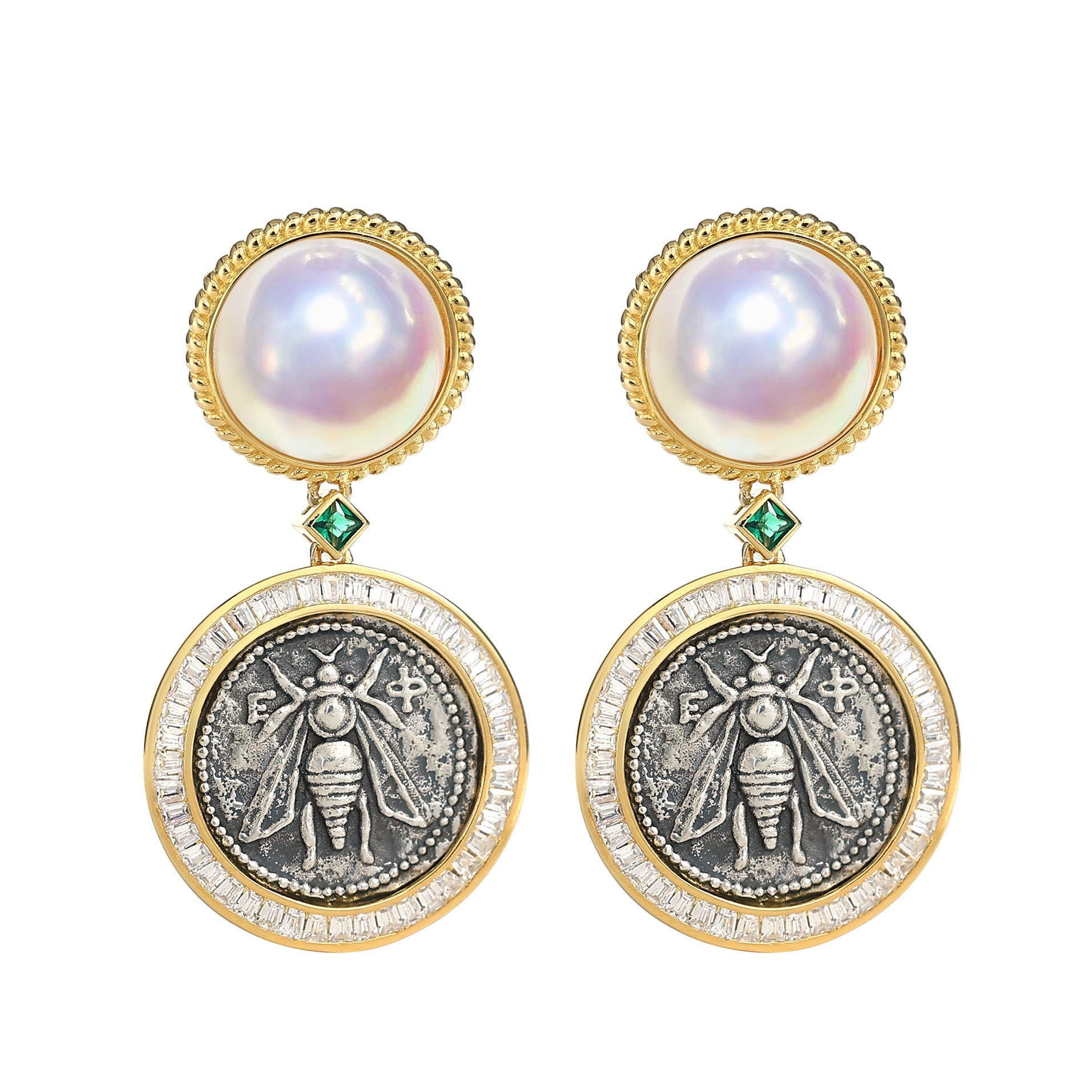 Micro-setting two-sided ancient coin Goddess of the Moon and bee earrings.sterling silver