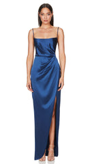 Amelia blue silk gown with spaghetti strap