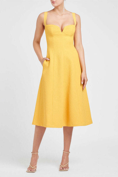 REBECCA VALLANCE Calla One Shoulder Dress Midi (Yellow) - Rent this dress!