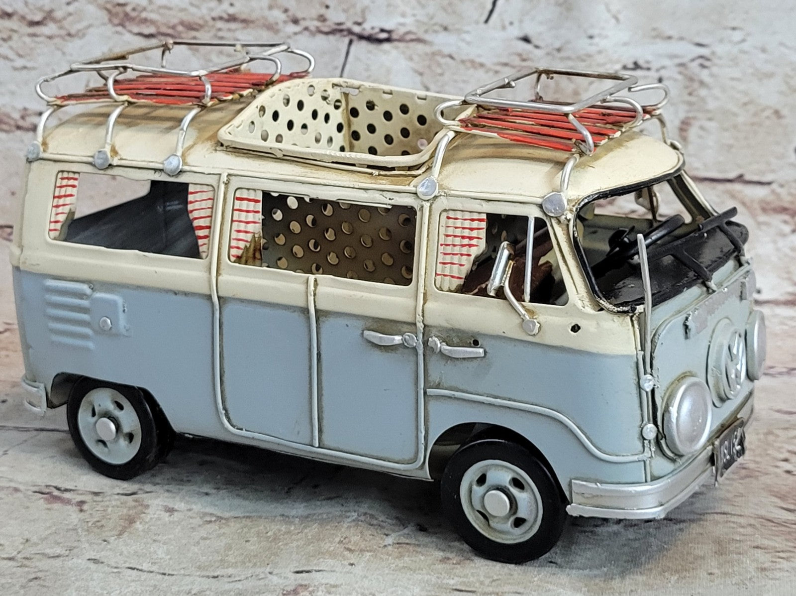 Retro Metal Volkswagen VW Camper Bus Car Blue and white Surf Boards Be