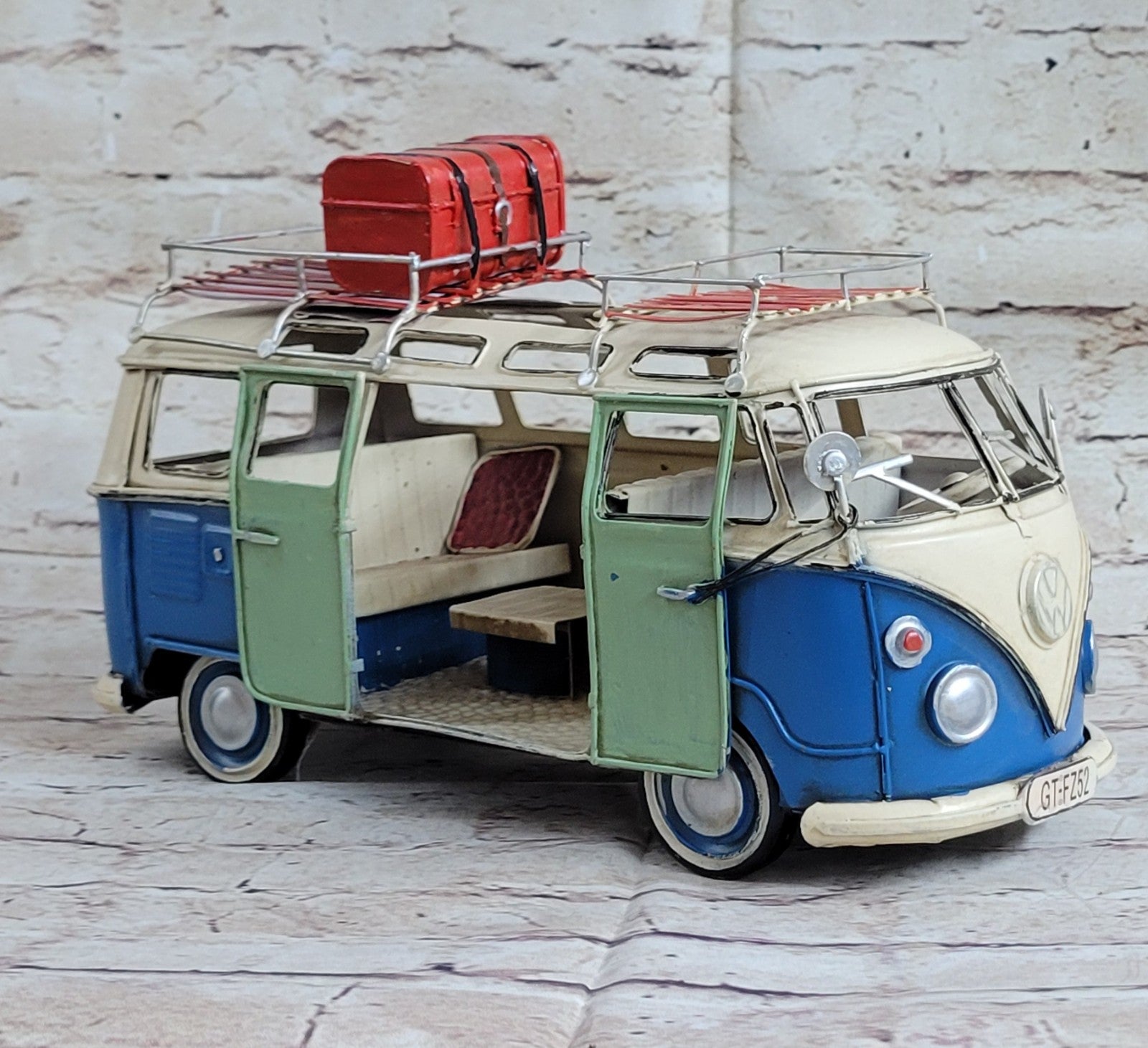 Retro Metal Volkswagen VW Camper Bus Car Blue and white Surf Boards Be