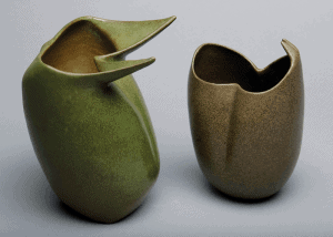 Two pots from the NYU Show, 1956. Earthenware with copper matte glaze.