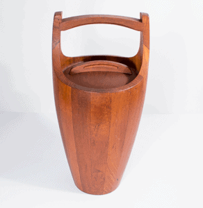 Jens Quistgaard teak ice bucket. Size: 9”dia. x 19.5”h