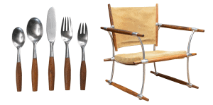 Left: Fjord flatware designed by Jens Quistgaard for Dansk and made in Germany.  Right: Rare and beautiful Jens Quistgaard Stokke armchair. Fabricated of Brazilian rosewood and metal and made by Nissen, Denmark. 