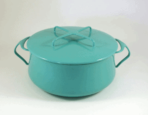 A turquoise "Kobenstyle" covered pot, designed by Jens Quistgaard for Dansk of Denmark.