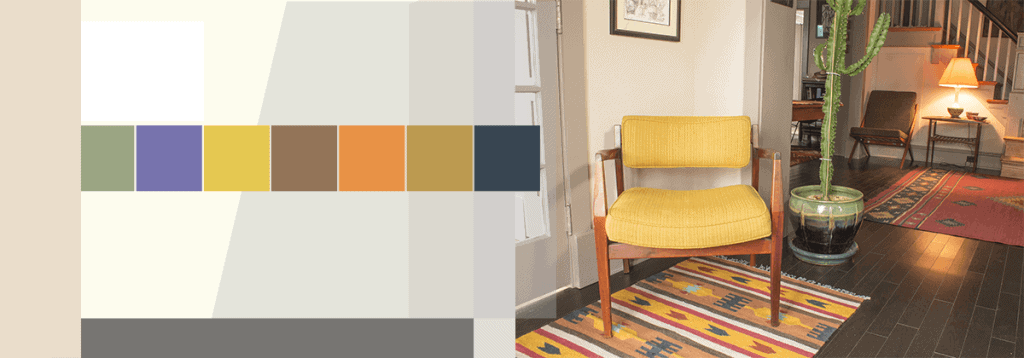 The color palette on the right is derived from a section in our home and translated into the imaginary interior illustration of a mid century room with Danish modern furniture shown at the top of the page..