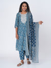 Anora Blue Cotton Floral Allover Print Embellished Embroidery Sequins Afghani Straight cut Kurti Set