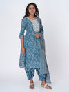 Anora Blue Cotton Floral Allover Print Embellished Embroidery Sequins Afghani Straight cut Kurti Set