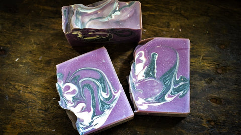 Blackcurrant Liquorice handmade soap with purple black and white swirl