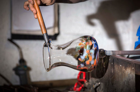 handmade multicoloured glass jug making of