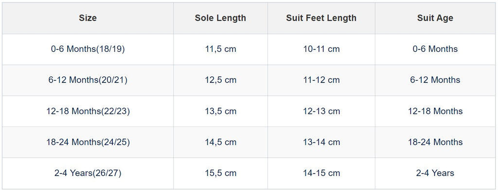 Baby Shoes Size Chart