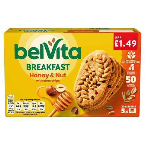 Belvita 20 Breakfast Honey & Nut with Choc Chips Biscuits 225g (Case of 10)