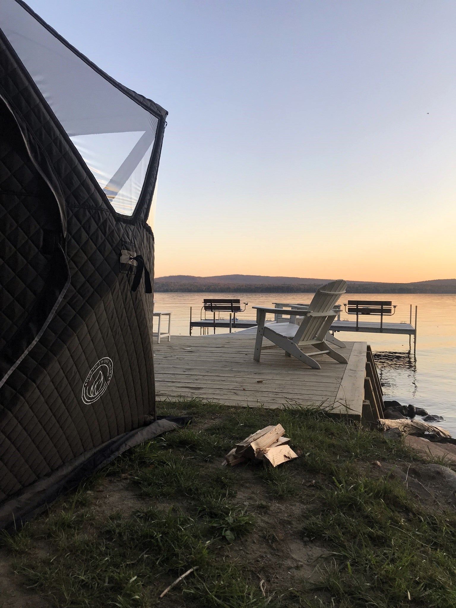 At_the_lake_at_sunset_with_sauna_tent