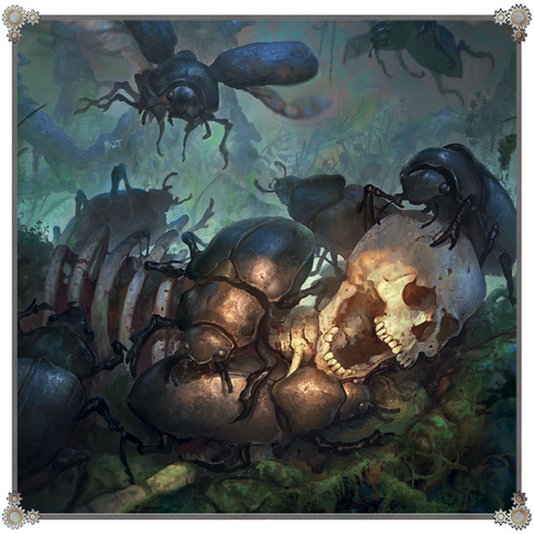 Illustration de scarabées sur un squelette